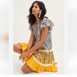 Anthropologie Blue and Yellow Patterned Dress